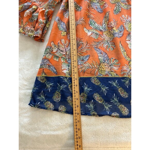 Womens Shirt Medium Boho Orange Tropical Island Hawaiian Flowy Relaxed Pineapple - Picture 7 of 11
